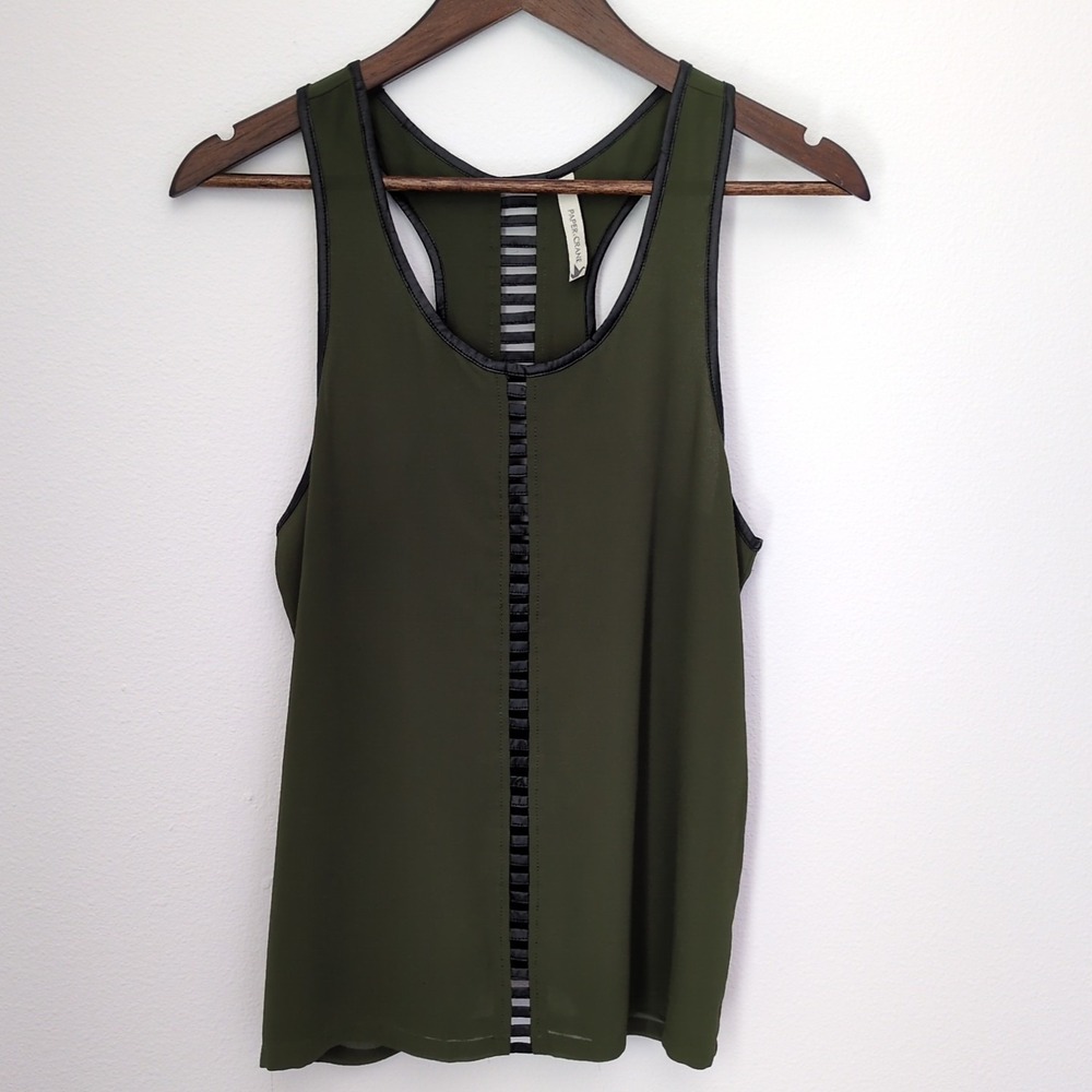 Paper Crane Olive Green Racer Back Tank‎ Leather Trim Sz Small